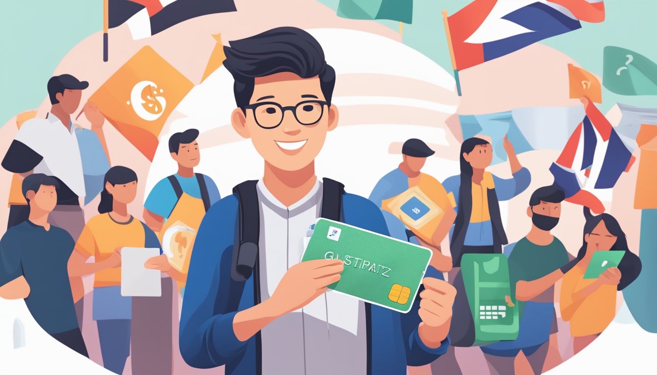A student holding a debit card with a Singaporean flag design, surrounded by question marks and a FAQ sign