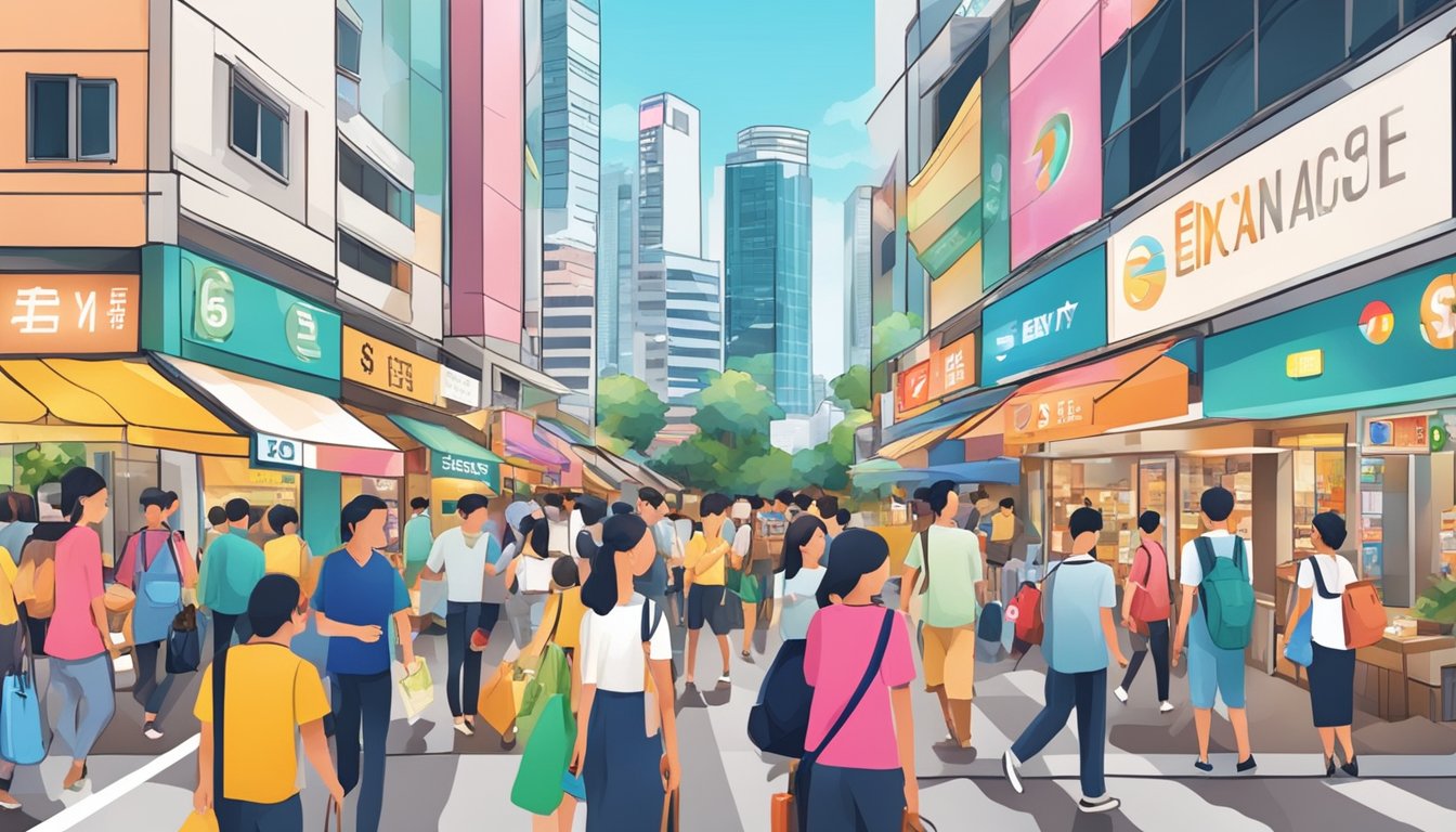 A bustling Singapore street with colorful currency exchange signs and busy customers