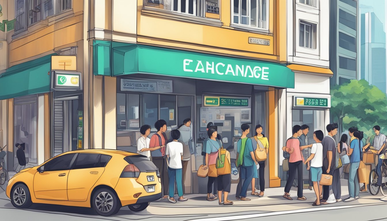 A bustling street scene in Singapore with a prominent sign for "Convenient Currency Exchange Services" and a line of customers waiting to exchange money