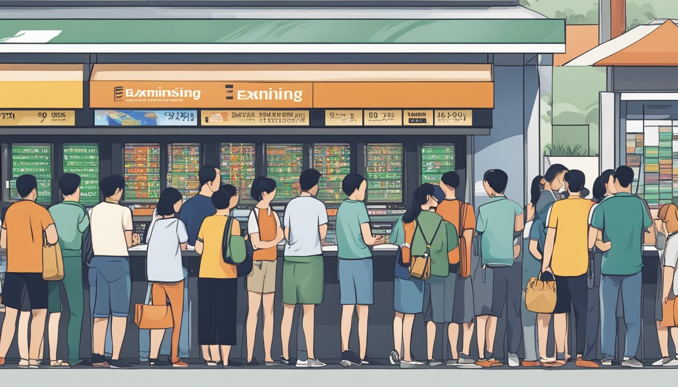 A bustling money exchange booth in Singapore with a sign advertising "Maximising Your Currency Exchange." Customers line up as the exchange rates flash on a digital board