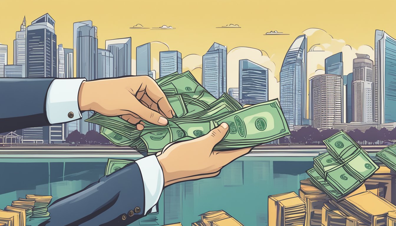 A hand reaching for a stack of money with "loan" written on it, against the backdrop of the Singapore skyline