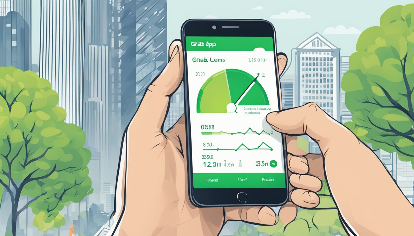 A hand holding a smartphone with the Grab app open, showing financial growth charts and the option for Grab loans in Singapore