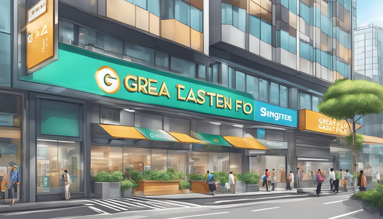 A bustling city street with a prominent sign for "Great Eastern Cash Flo Card Singapore" displayed on a modern building facade