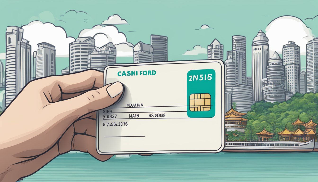 A hand holding a Great Eastern Cash Flo Card with Singapore landmarks in the background, showcasing its benefits and features