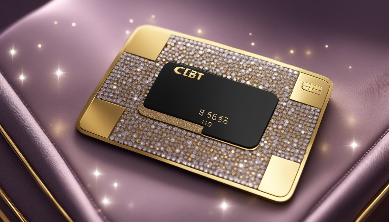 A sleek, modern credit card sits on a luxurious velvet cushion, surrounded by sparkling diamonds and gold accents. The card's logo gleams in the soft, ambient light