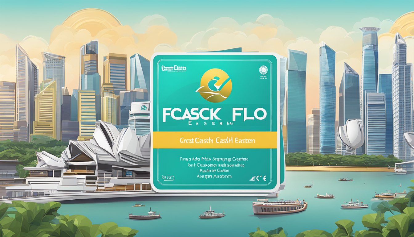 A stack of FAQ cards with the Great Eastern Cash Flo logo, set against a backdrop of the Singapore skyline