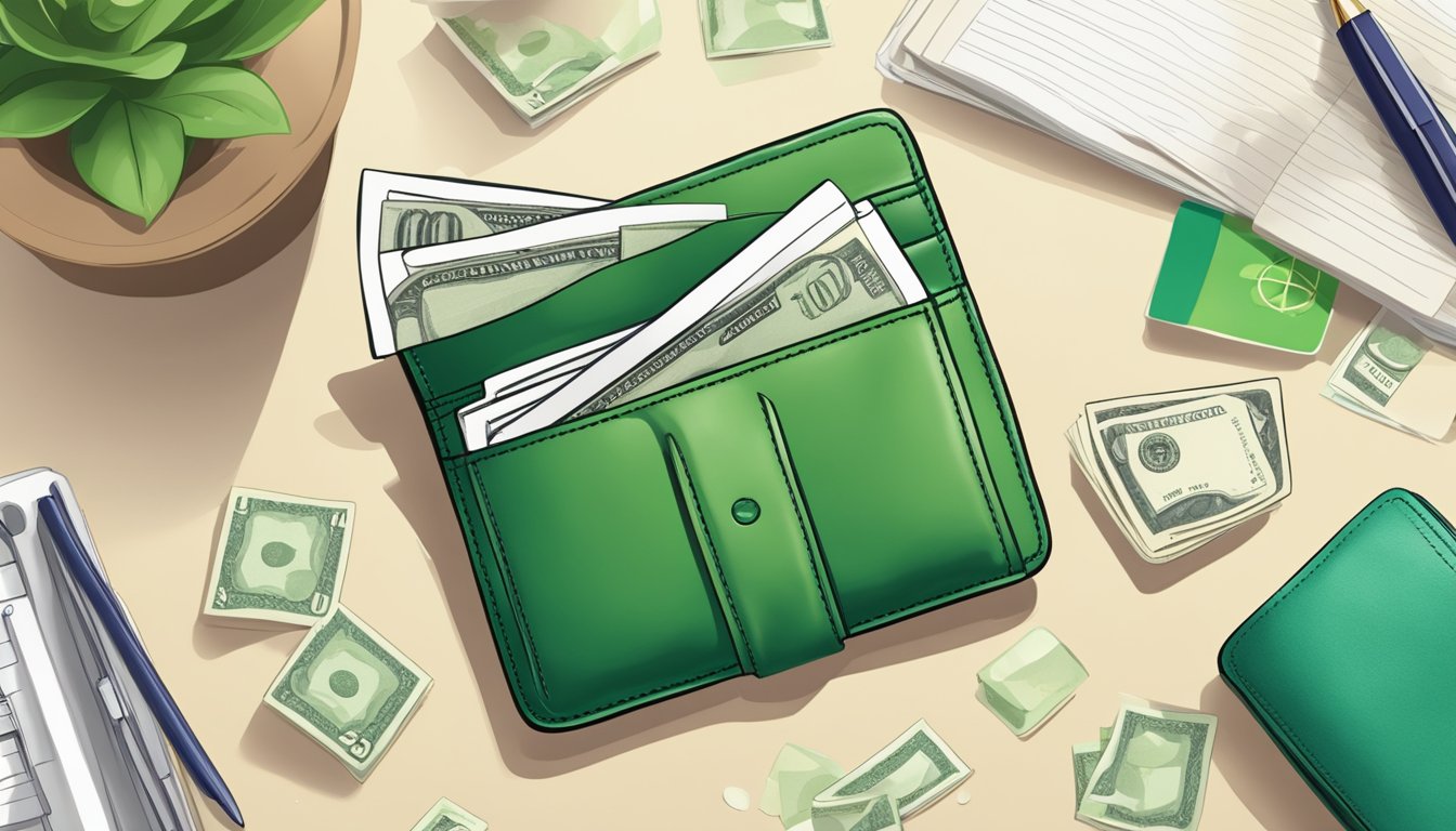A green wallet sits open on a clean, clutter-free surface, with neatly arranged bills and cards. The surrounding space is filled with natural light and calming, balanced decor