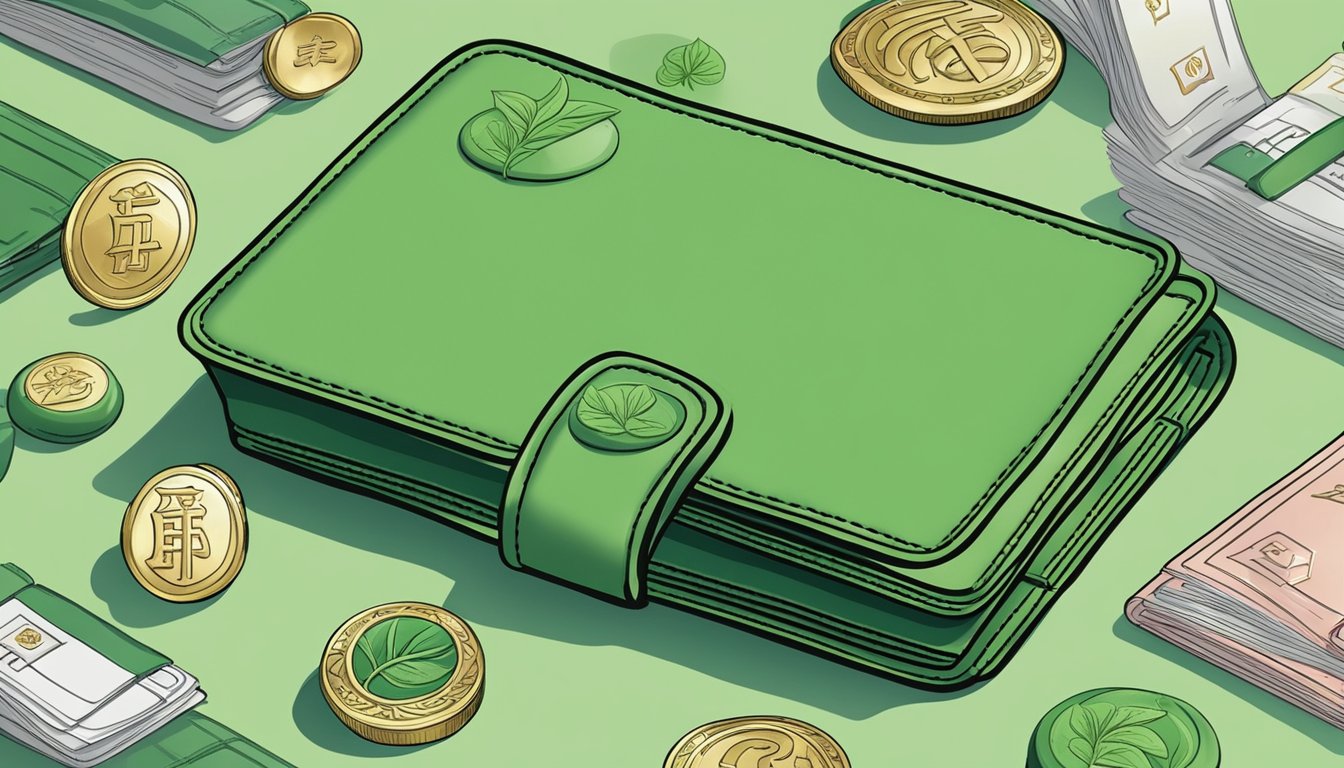 A green wallet surrounded by Feng Shui symbols in Singapore