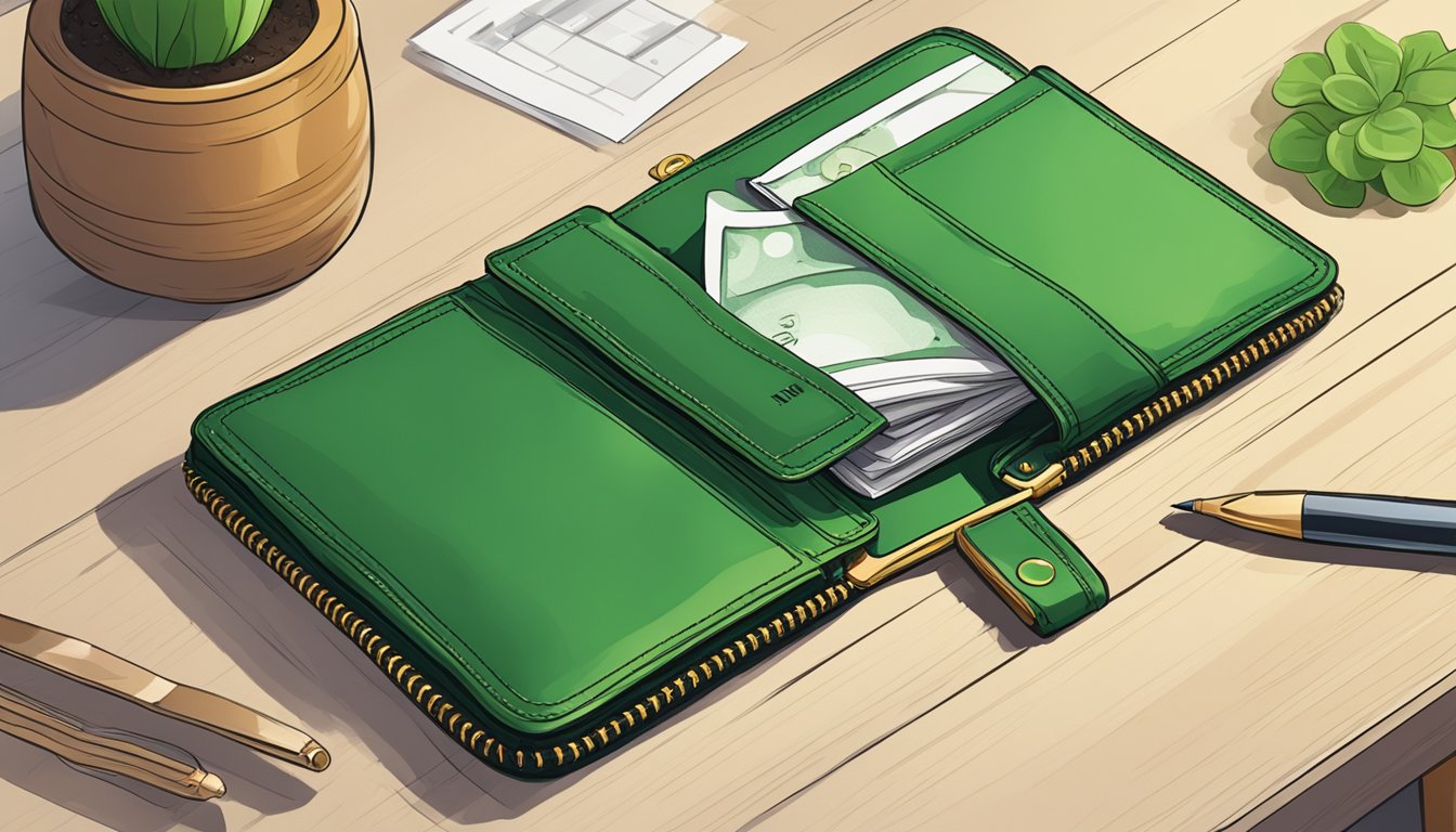 A green wallet placed on a feng shui table in Singapore, surrounded by frequently asked questions about its use