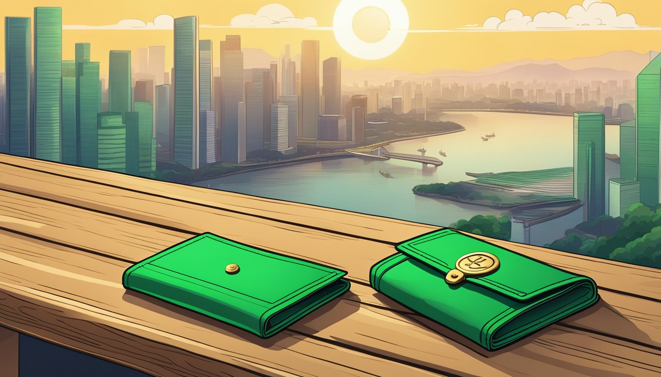 A green wallet sits on a wooden table, surrounded by symbols of wealth and prosperity. A feng shui compass and a Singaporean skyline are visible in the background