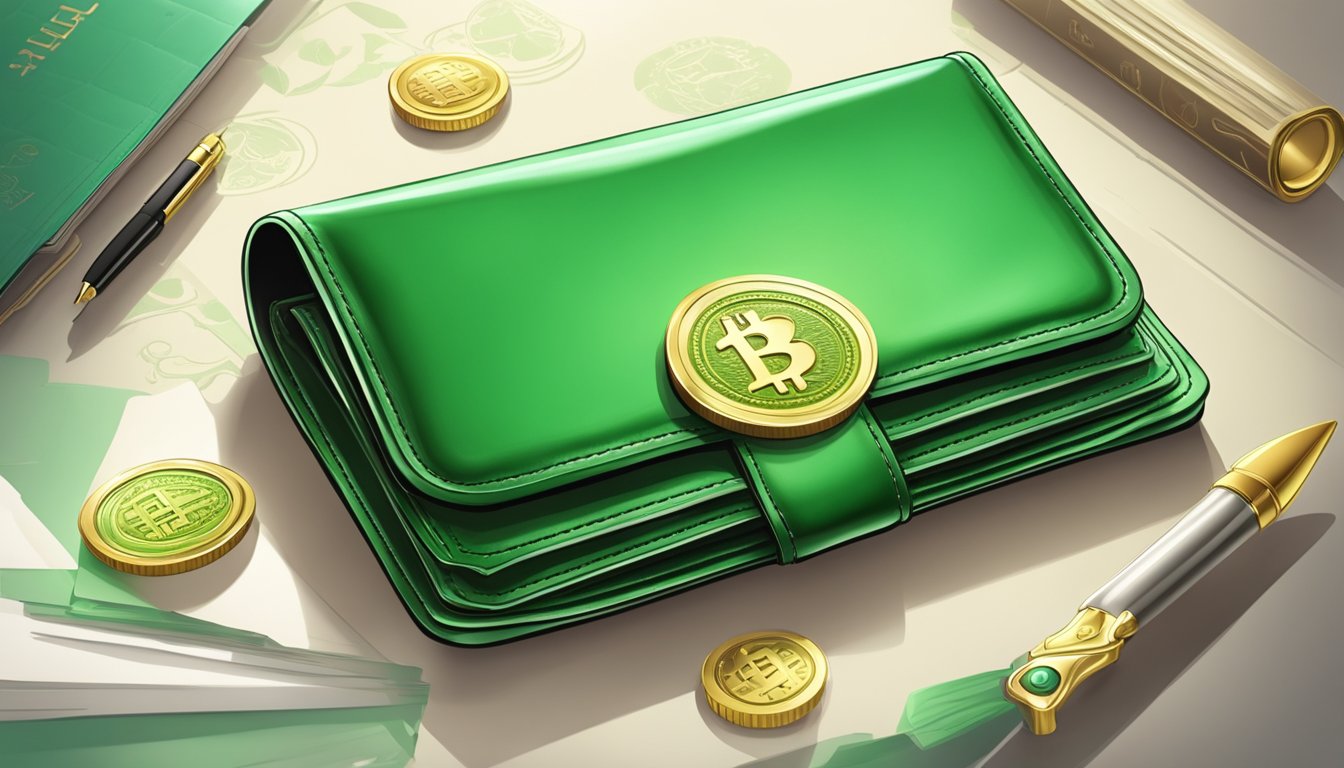 A green wallet is placed on a clean, organized surface with natural light shining on it, surrounded by symbols of wealth and prosperity