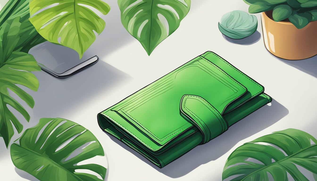 A green wallet placed on a clean, organized desk with a vibrant, flourishing plant nearby, symbolizing wealth energy in a feng shui setting in Singapore