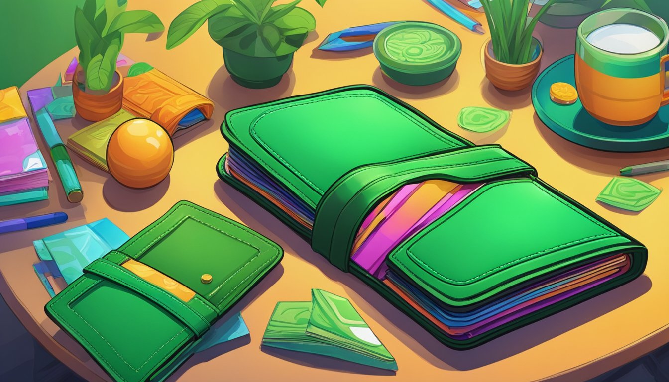 A green wallet sits open on a table, surrounded by vibrant, auspicious colors and shapes. The scene exudes a sense of prosperity and positive energy