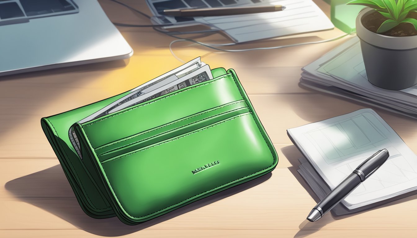 A green wallet sits on a clean, organized desk in a well-lit room. A small fountain or plant nearby promotes positive energy flow
