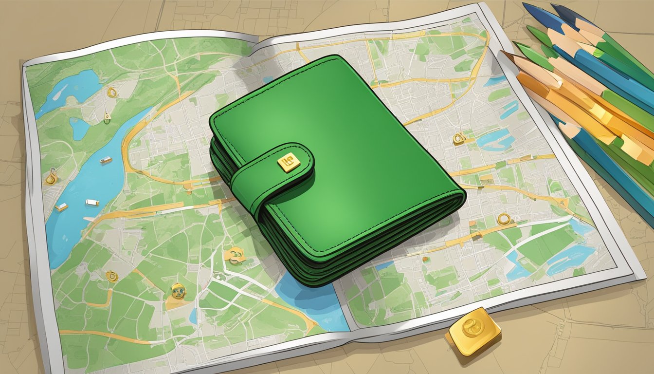 A green wallet placed on a feng shui Singapore map with FAQ signs around it