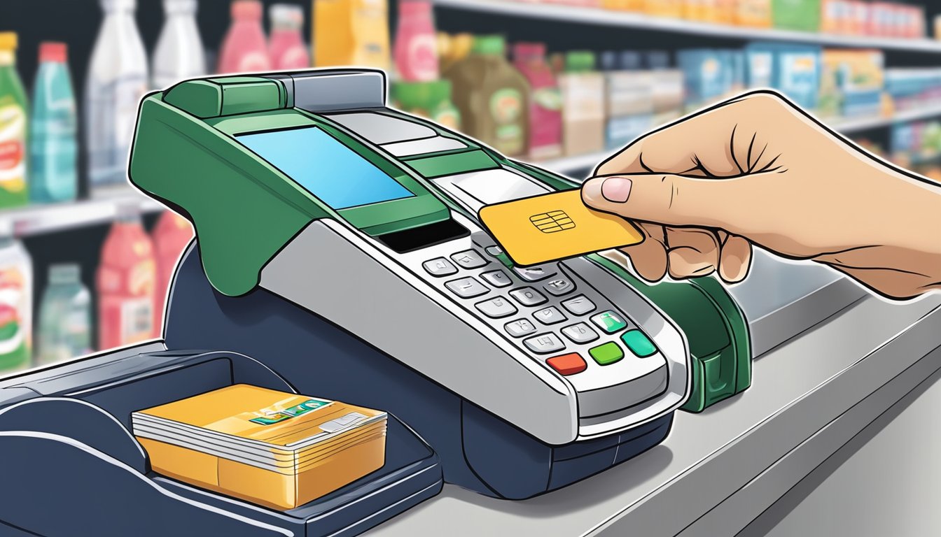 A hand swipes a credit card at a grocery store in Singapore