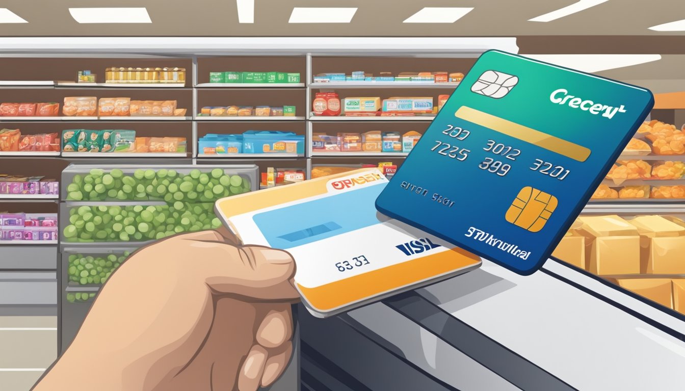 A grocery credit card being swiped at a checkout counter in a Singapore supermarket