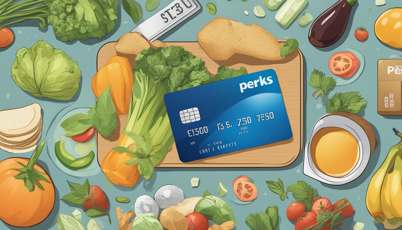 A credit card surrounded by groceries, with a label indicating "Additional Perks and Benefits" prominently displayed