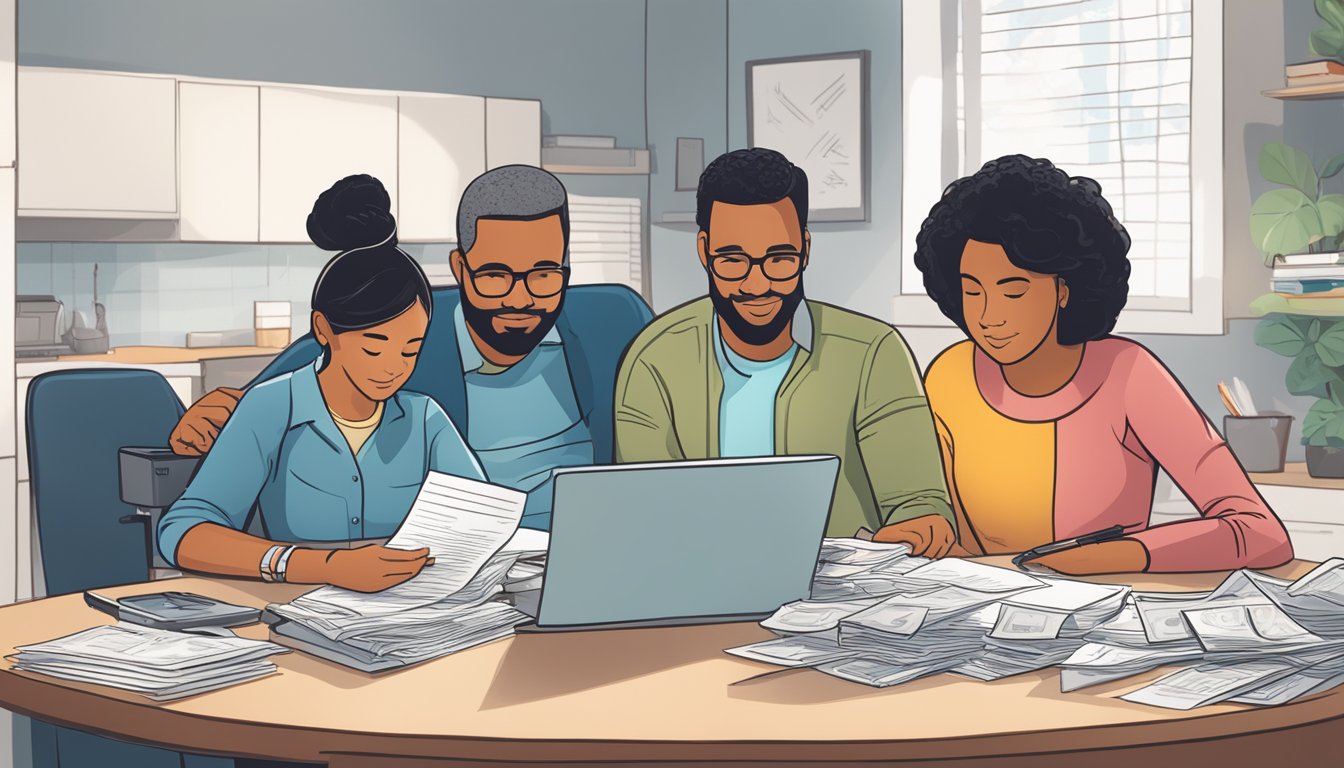 A family sits at a table, surrounded by bills, pay stubs, and financial documents. A calculator and pen are on the table as they review their monthly income
