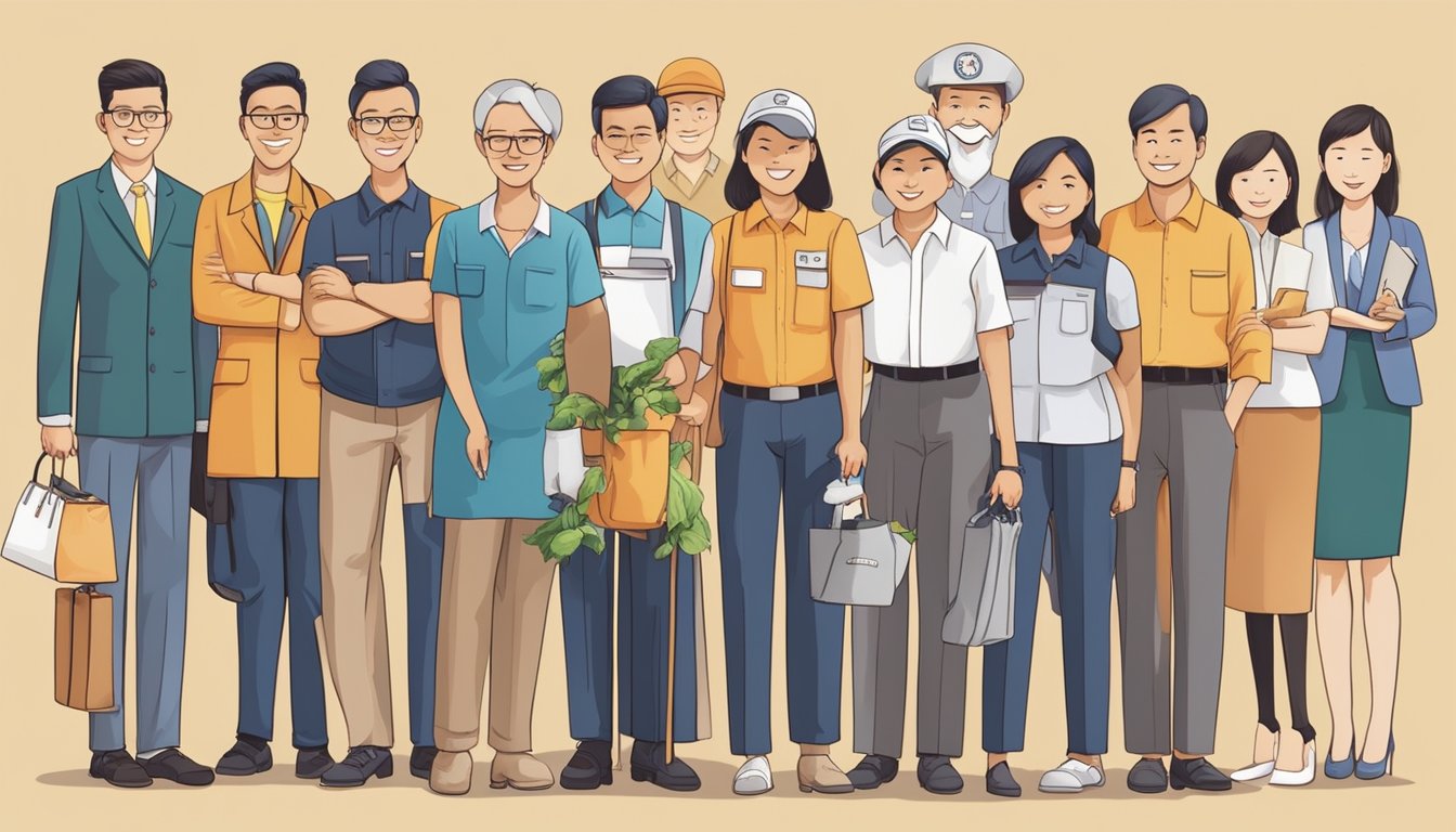 A diverse group of people with varying income levels and occupations, representing the demographic and economic factors of Singapore's gross household monthly income