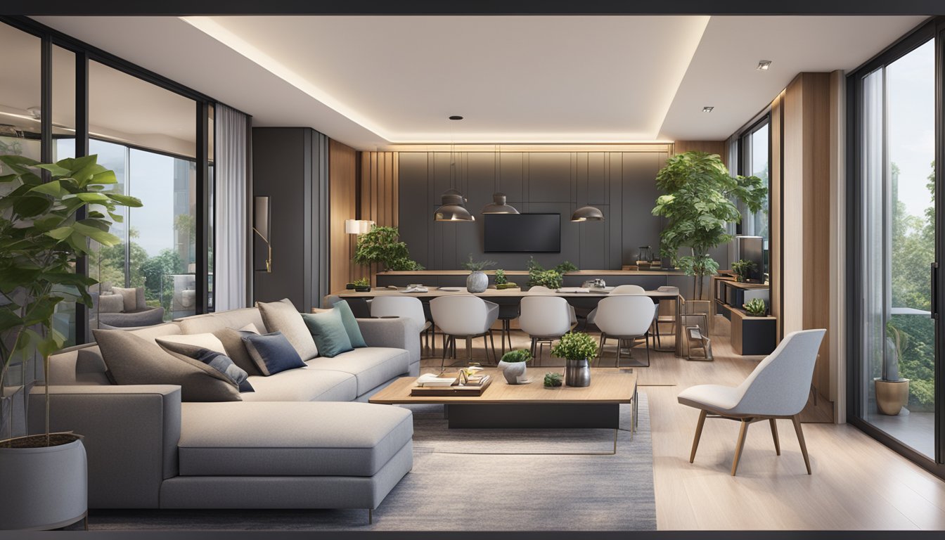 A modern apartment with sleek furniture and high-end appliances, surrounded by well-maintained greenery and amenities, representing high living standards in Singapore