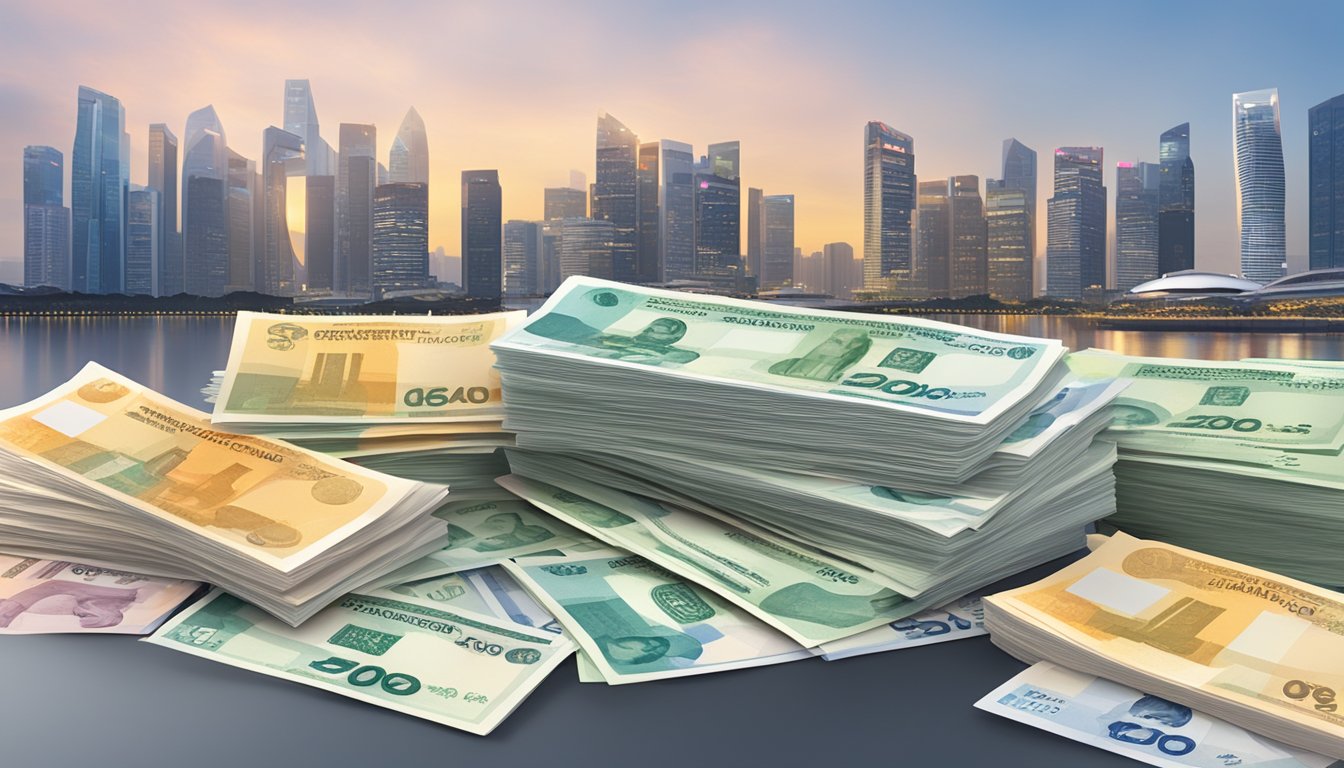 A stack of currency notes with "Gross Income" written on them, surrounded by CPF contribution forms, against the backdrop of the Singapore skyline