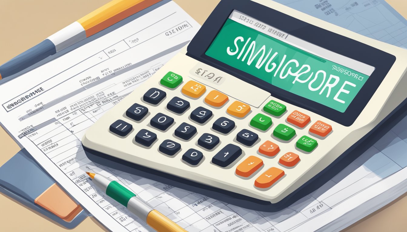 A calculator displaying gross income figures and a CPF statement with "Singapore" written on it