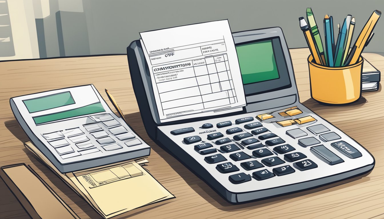 An office desk with a calculator, pay stub, and CPF contribution form. A chart showing the impact of CPF contributions on gross income