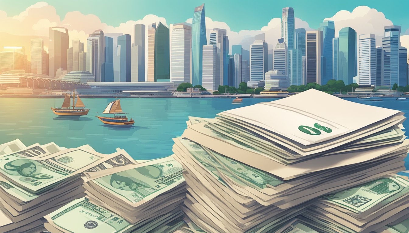 A stack of paper with "Frequently Asked Questions" printed on top, surrounded by currency symbols and a skyline of Singapore in the background