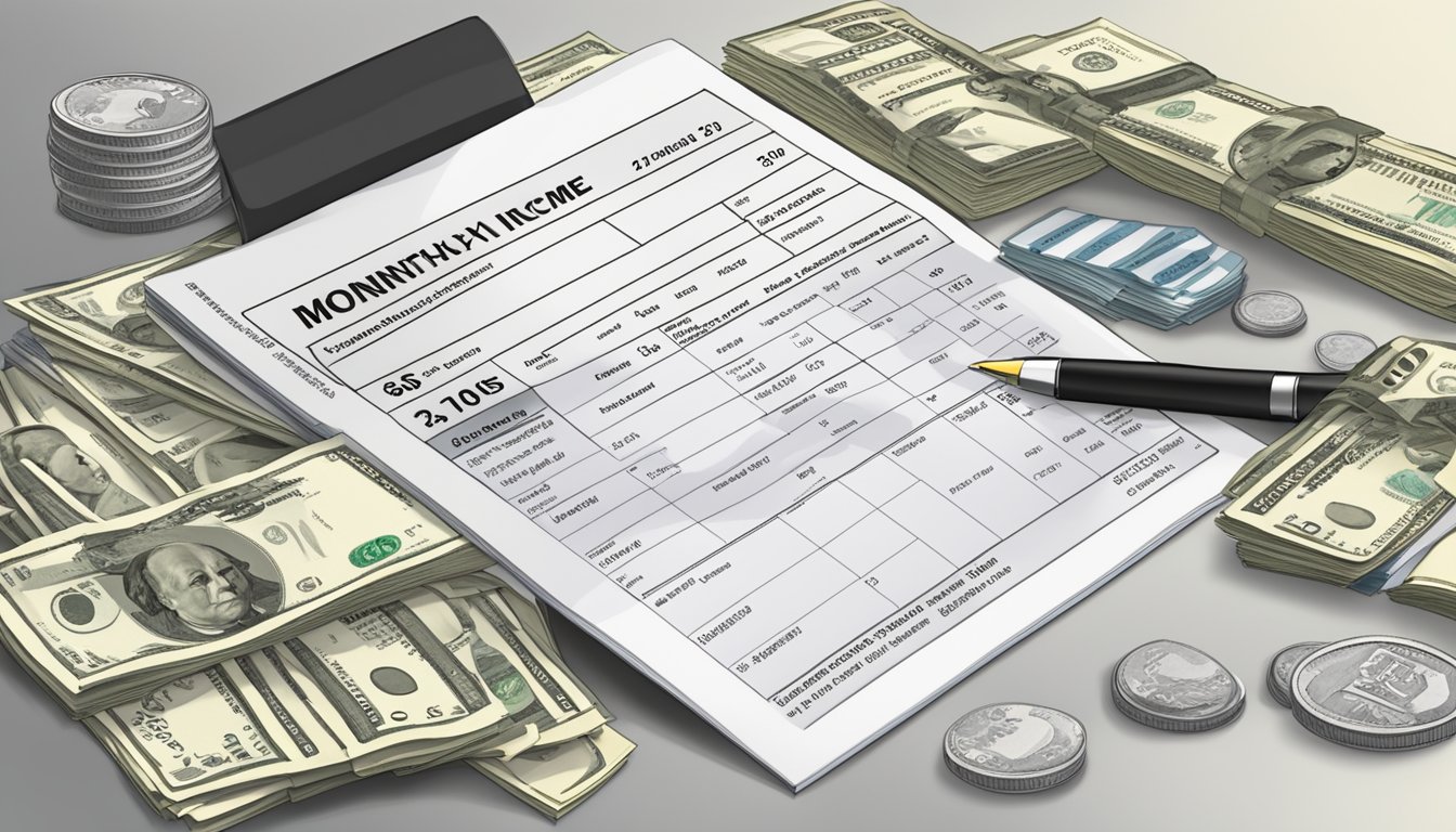 A payslip with "Gross Monthly Income" prominently displayed, surrounded by currency symbols and financial documents