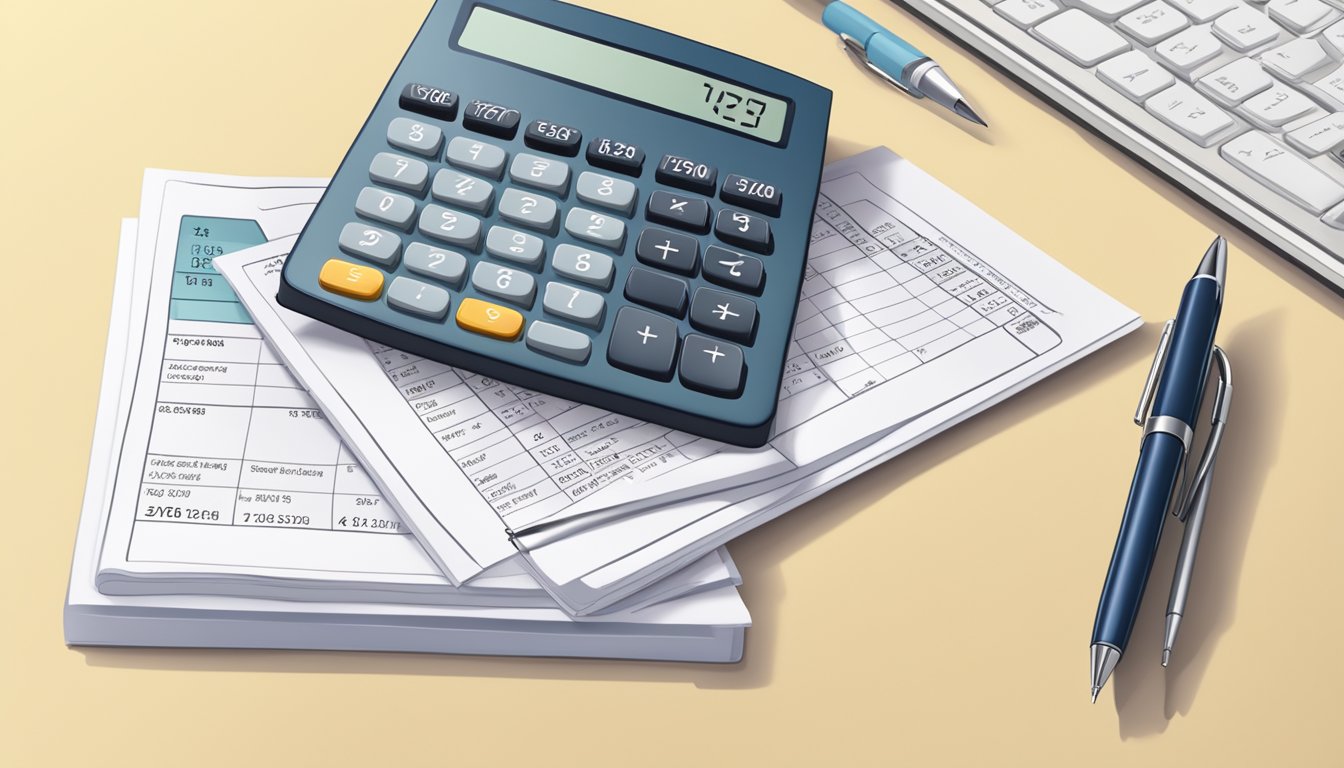 A calculator displaying a monthly income figure with a tax form and a pen next to it