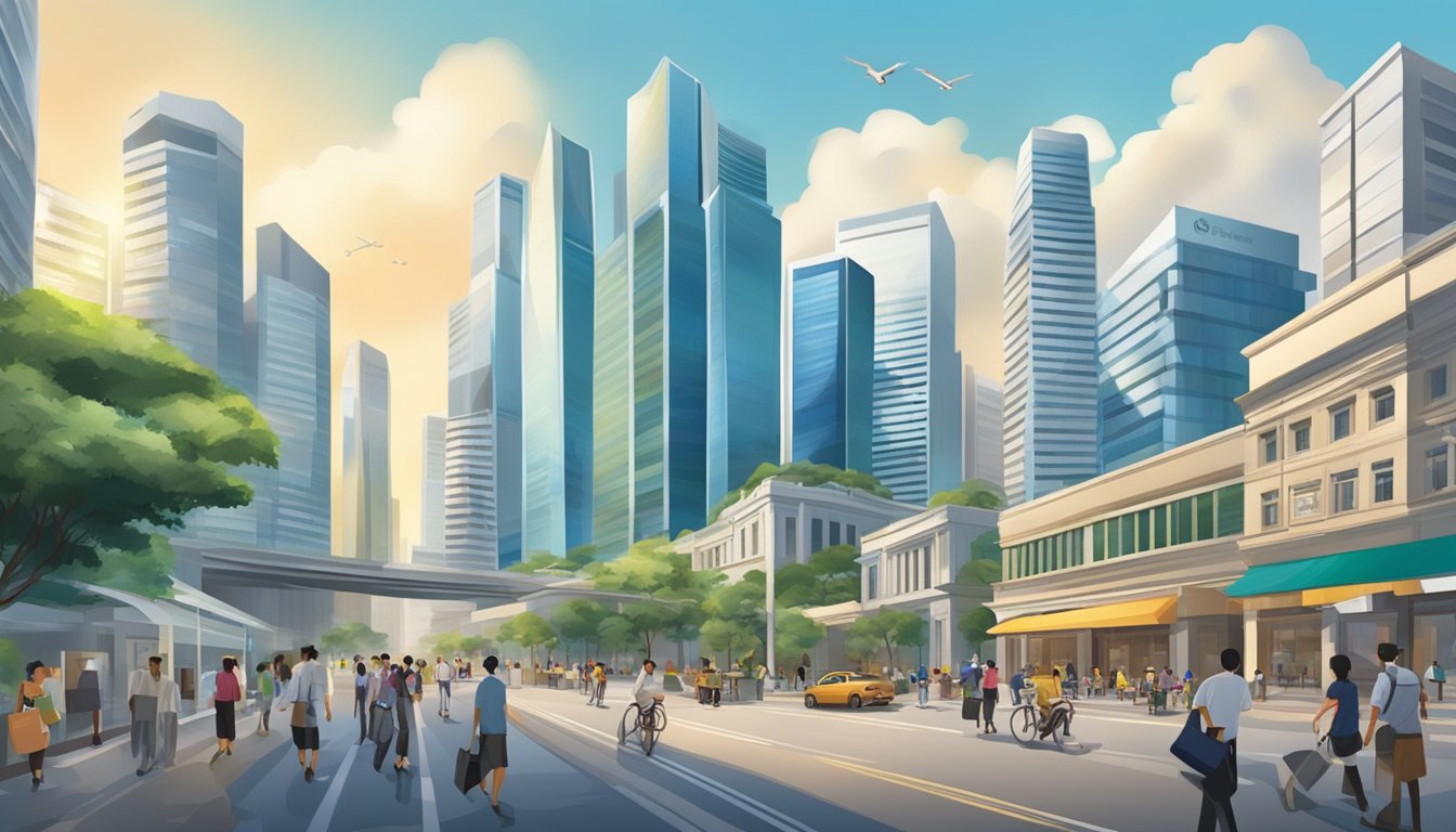 A bustling urban street with high-rise buildings, financial institutions, and corporate offices, showcasing the economic activity and prosperity of Singapore