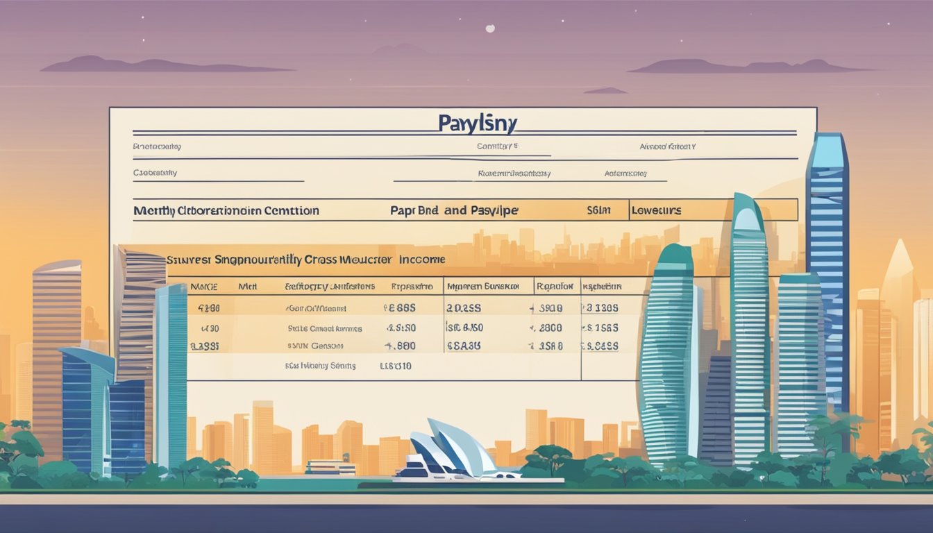 A payslip with labeled statutory contributions and deductions, alongside a clear definition of gross monthly income, set against a backdrop of the Singaporean skyline