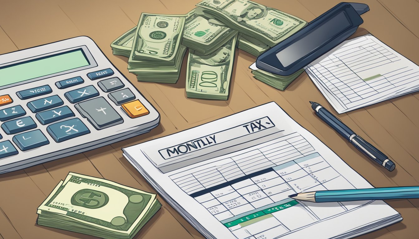 A stack of money sits on a table, with a calculator and tax forms nearby. The words "Gross Monthly Income" and "Tax Implications" are visible