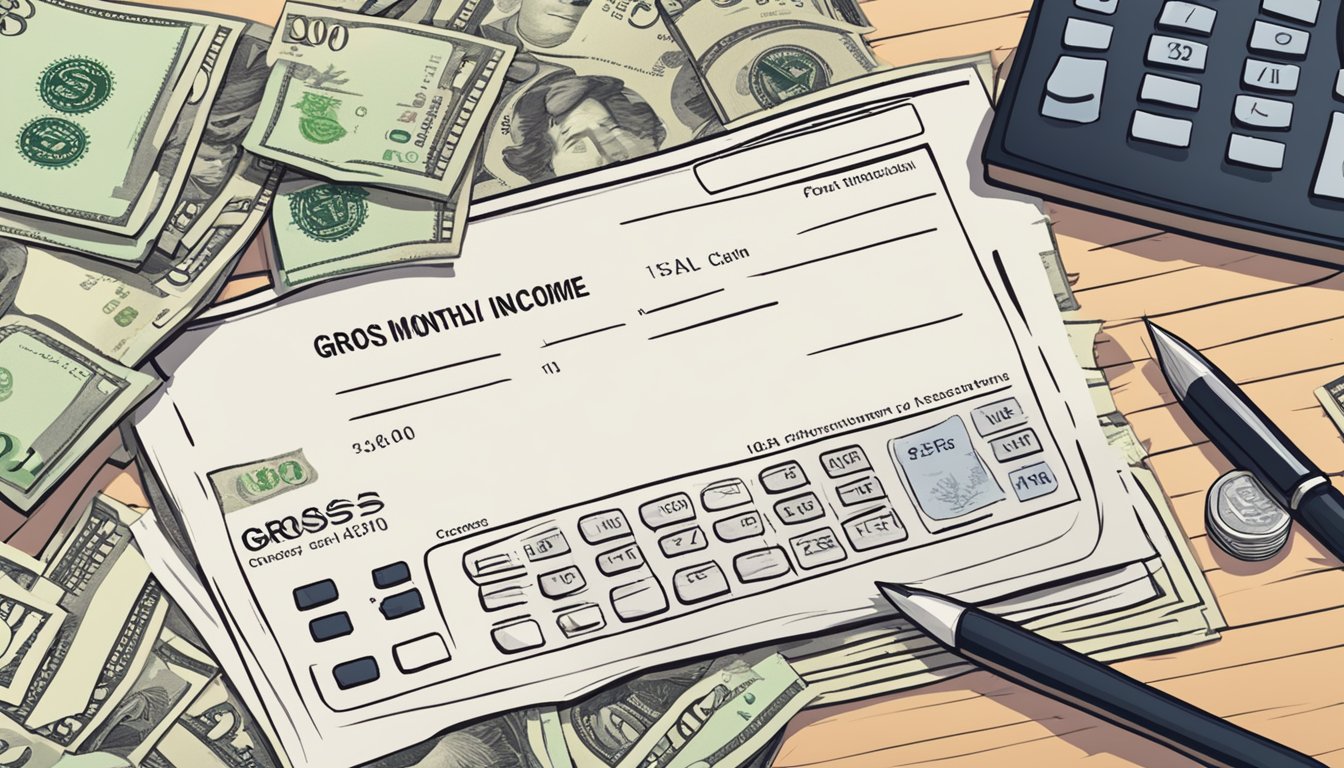 A paycheck with "Gross Monthly Income" written on it, surrounded by currency symbols and a calculator