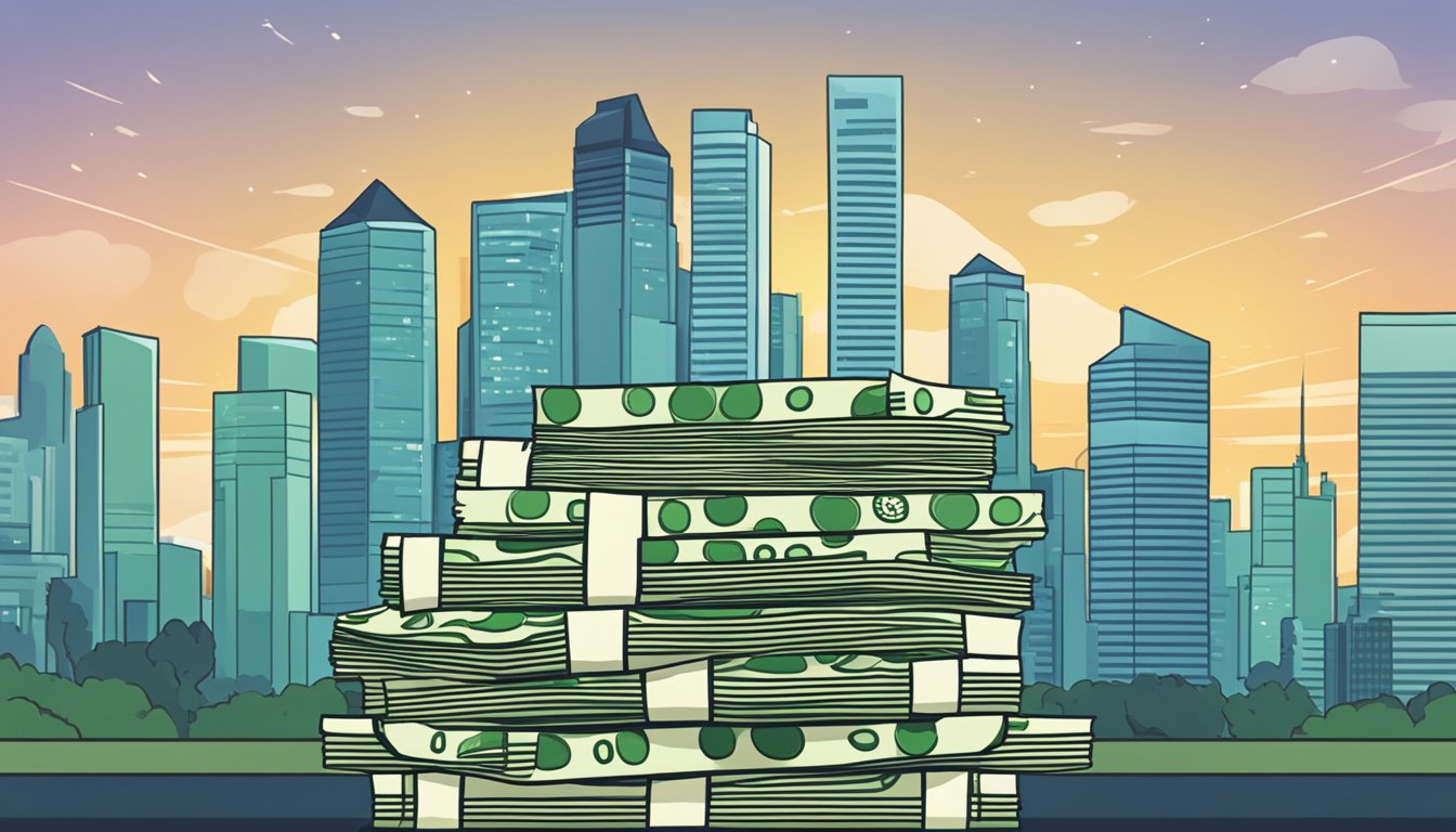 A stack of money with "Gross Monthly Income" written on it, set against a Singaporean cityscape backdrop