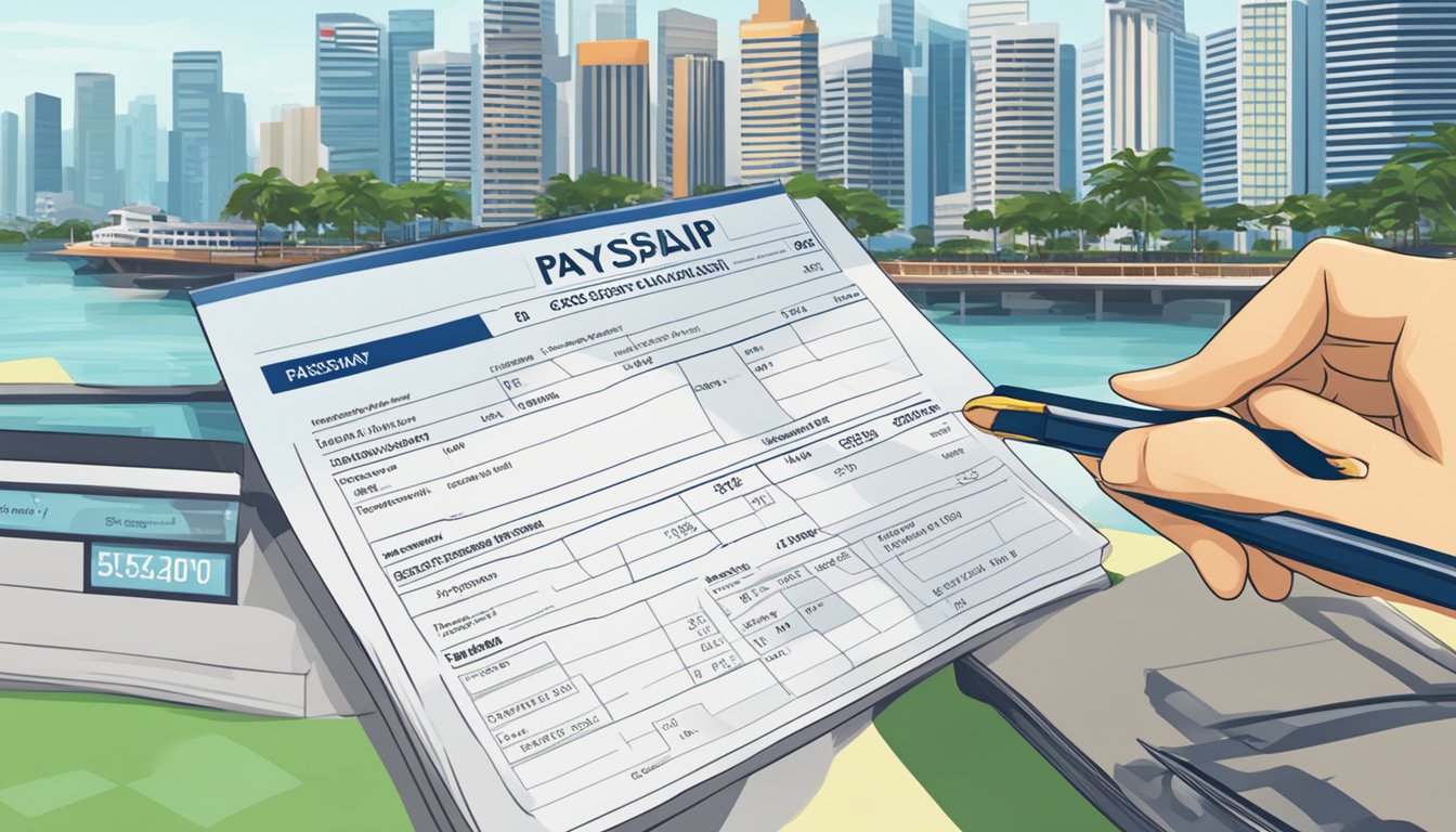 A payslip with "Gross Salary" highlighted, set against the Singapore skyline
