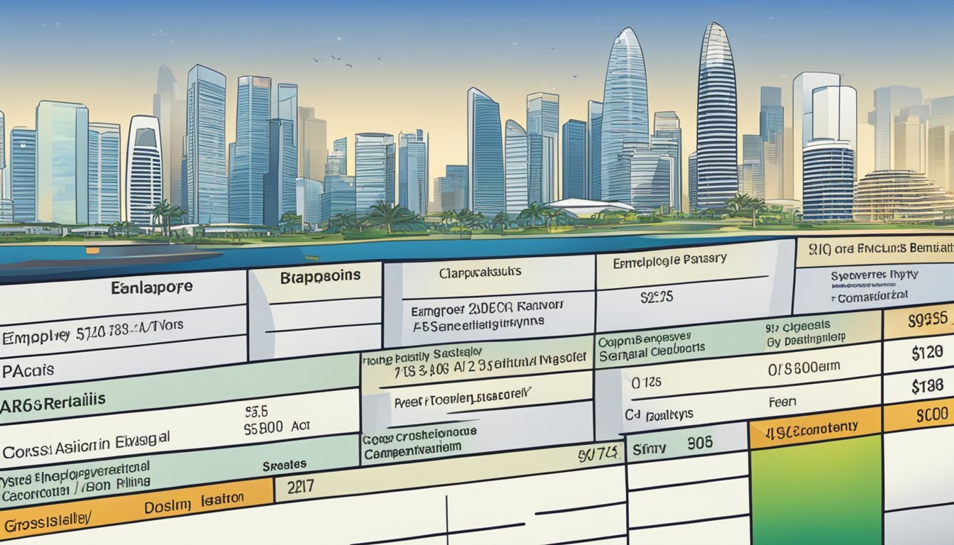 A payslip with "Employee Benefits and Compensation" and "Gross Salary" details, set against the backdrop of the Singapore skyline