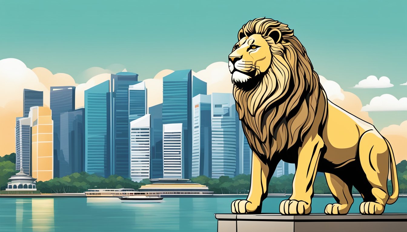A grand lion statue stands proudly in front of the iconic skyline of Singapore, symbolizing strength and protection as a guarantor