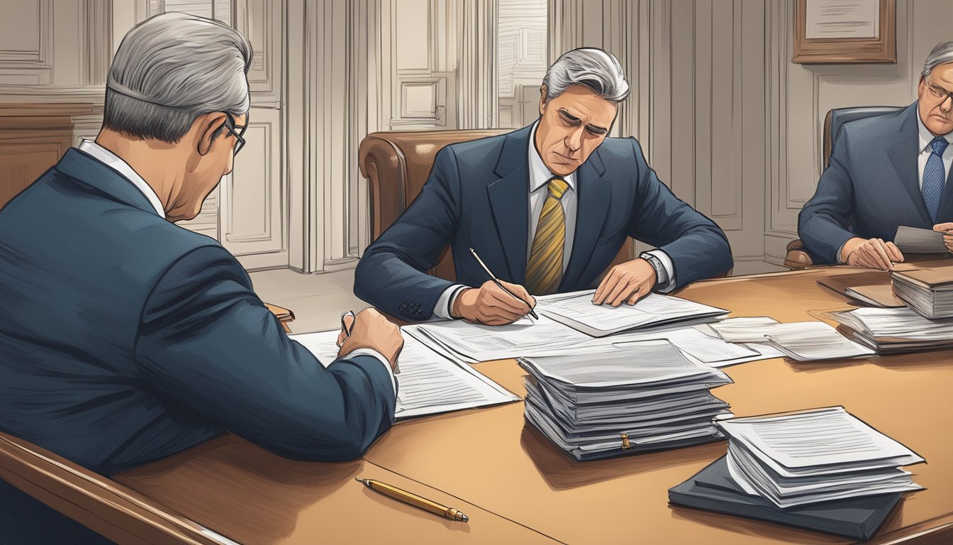 A guarantor signing a legal document with a stern-faced lawyer, while financial documents and penalties loom in the background