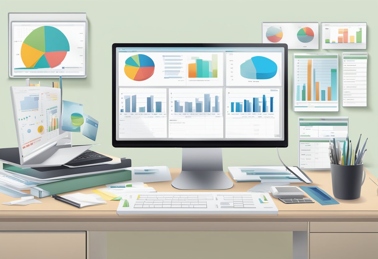 Um sistema de contabilidade digital com diversas ferramentas e interfaces exibidas na tela do computador