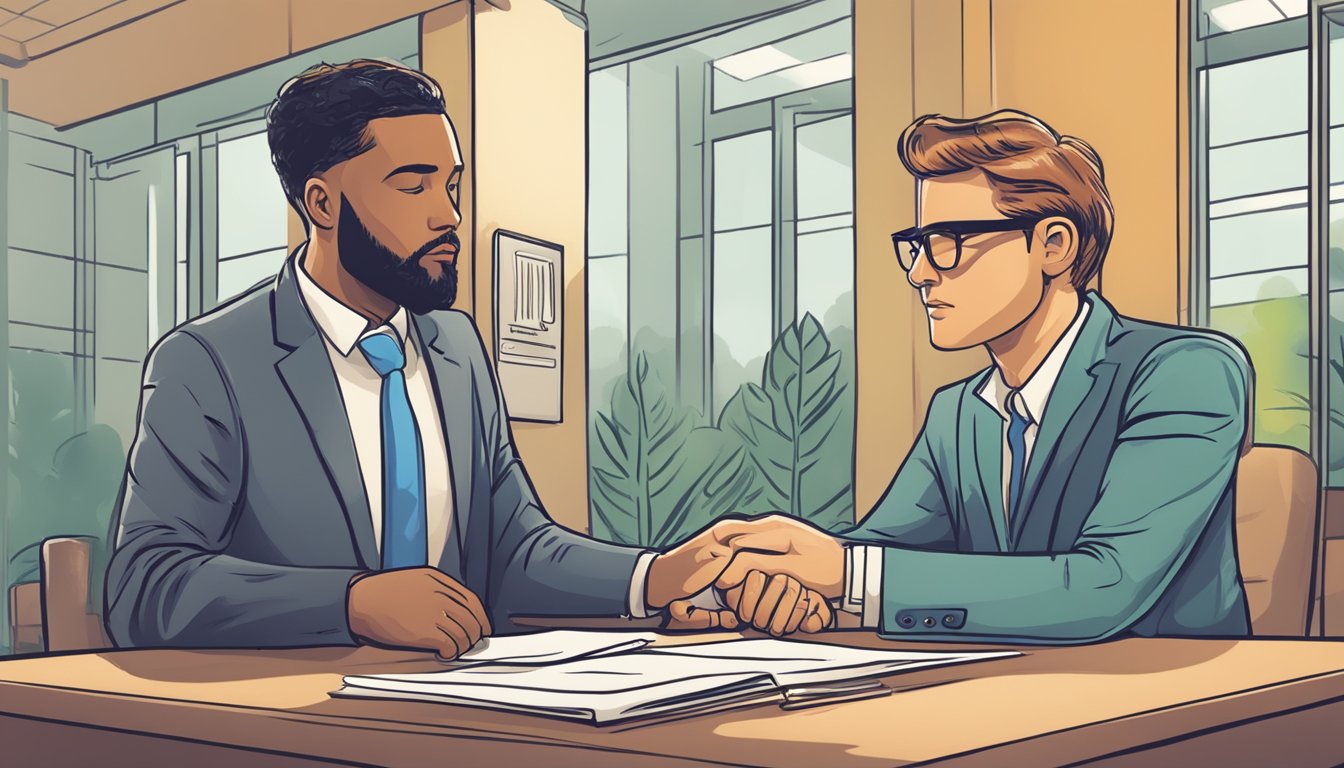 A person with a low credit score being denied a loan by a bank teller