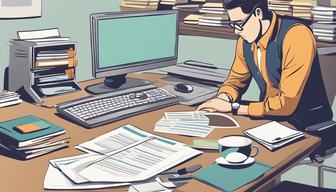 A person sitting at a desk, typing on a computer, with a stack of papers and a credit report on the table. A magnifying glass is used to examine the report
