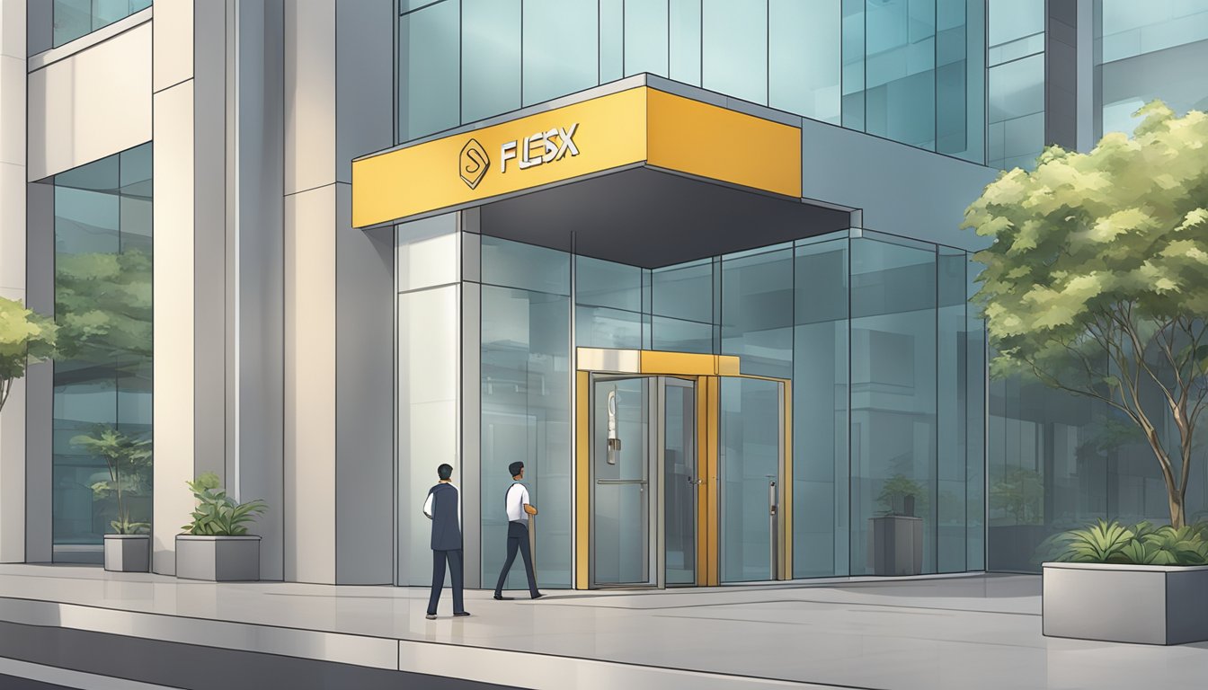 A hand holding a key unlocking a door with a sign that reads "gxs flexi loan singapore" on the front of a modern office building