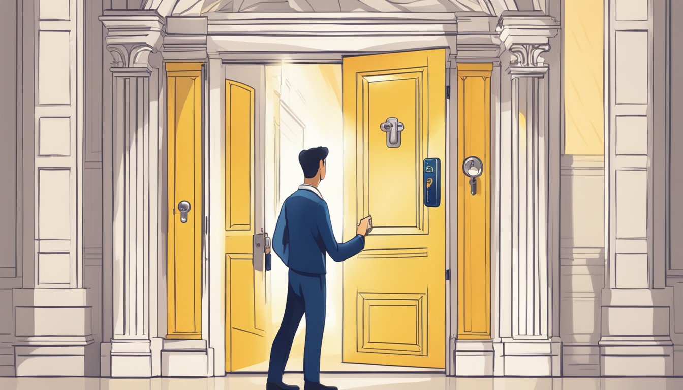 A hand holding a key unlocking a door labeled "Additional Features and Benefits gxs flexi loan singapore" with a bright light shining through the doorway