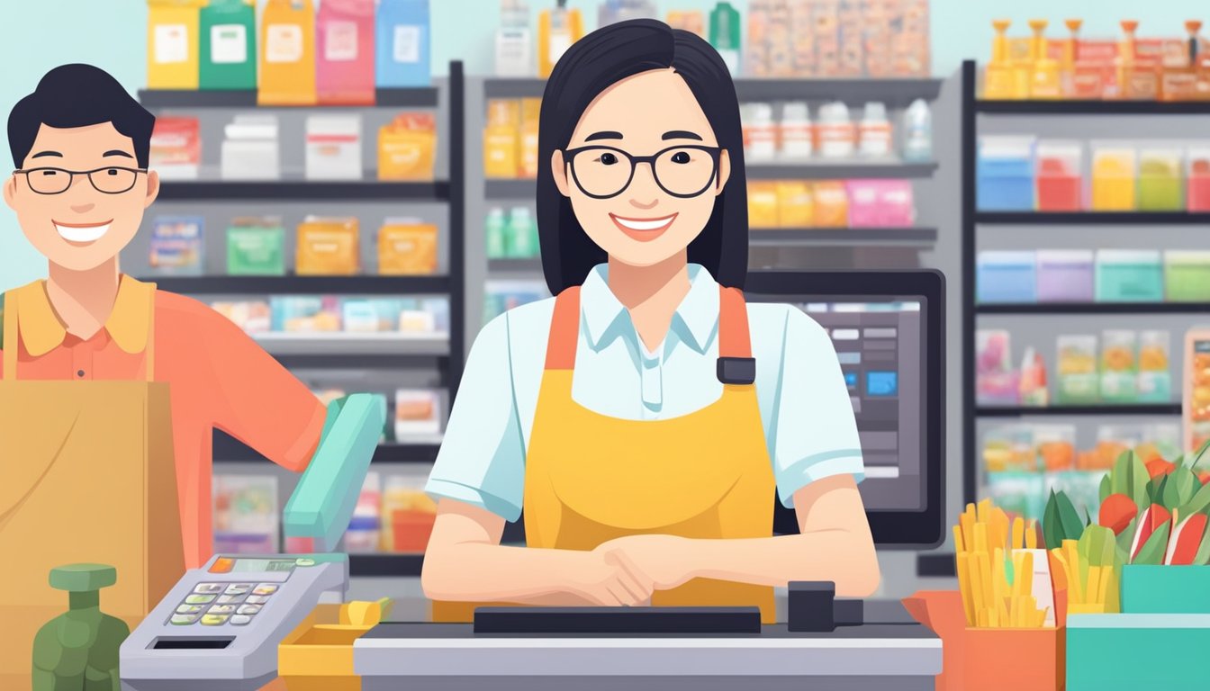 A smiling cashier at a Singaporean cash register, surrounded by colorful products and happy customers