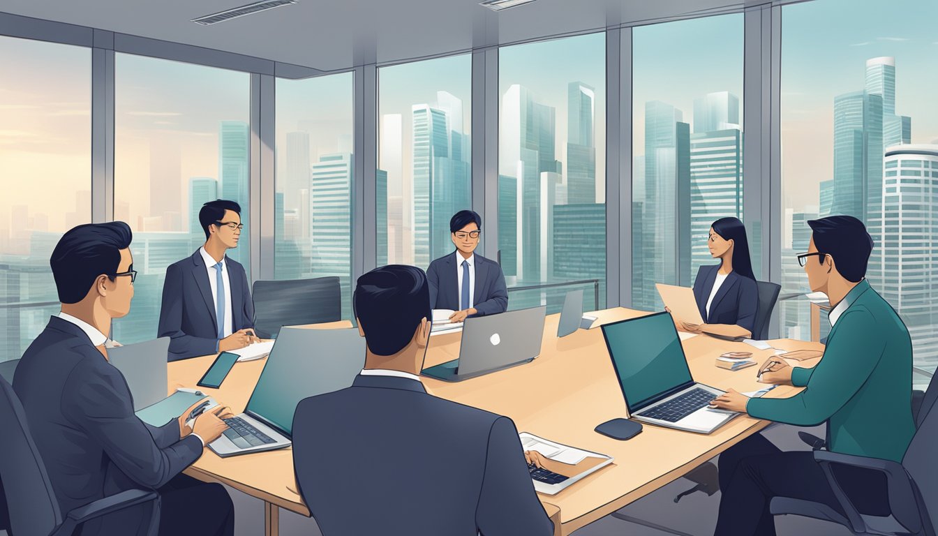 A group of business professionals discussing financial regulations in a modern office setting in Singapore