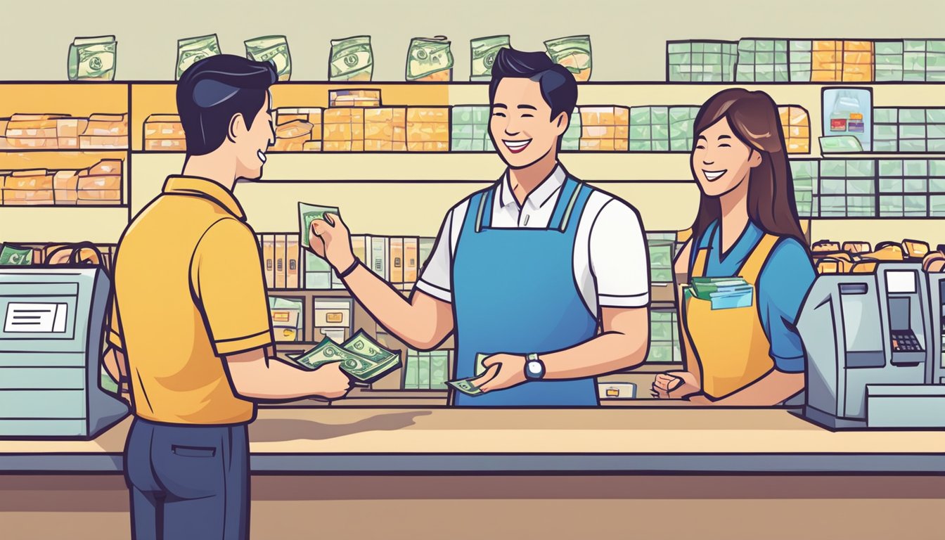 A smiling customer receiving cash at a happy cashier in Singapore