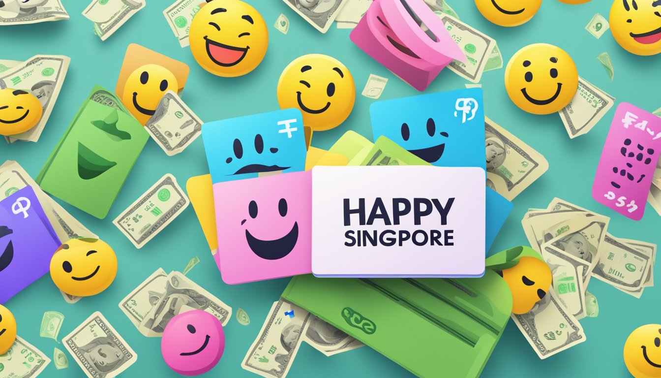 A stack of colorful FAQ cards with the words "Happy Cash Singapore" on them, surrounded by smiling emojis and dollar signs