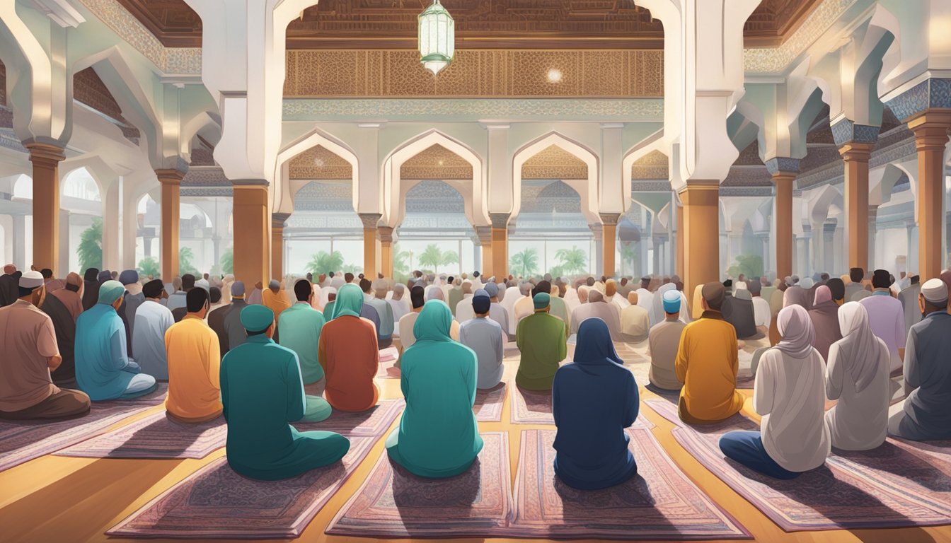 A group of people gathers in a vibrant mosque, facing towards Mecca, as they perform the traditional Hari Raya prayers in Singapore. The atmosphere is filled with reverence and unity as the worshippers come together to seek blessings and forgiveness